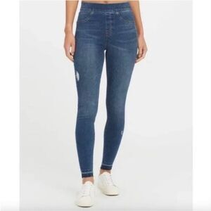 Spanx Distressed Ankle Skinny Jeans Medium Wash Raw Hem Slimming Size Small